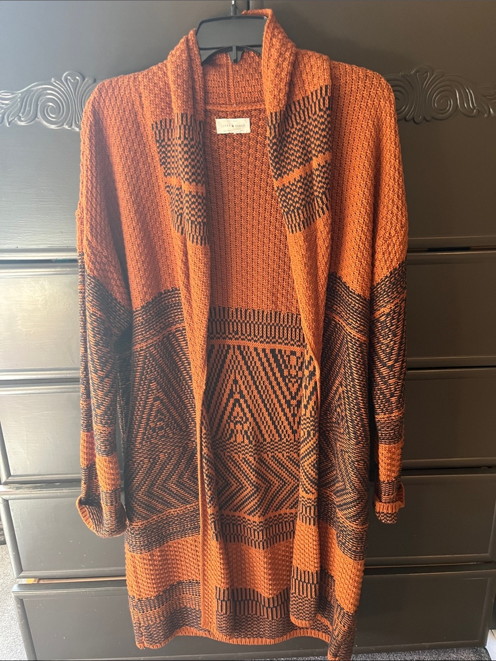 Lucky BrandOpen-Front Geometric Knit Cardigan in Rust and Black